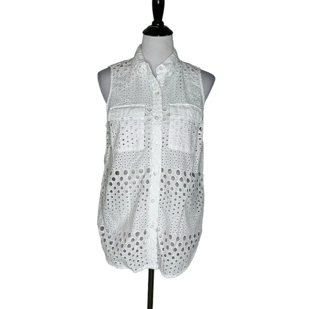 Michael Kors Womens Size L Top White Eyelet Cutouts Button Down See Through